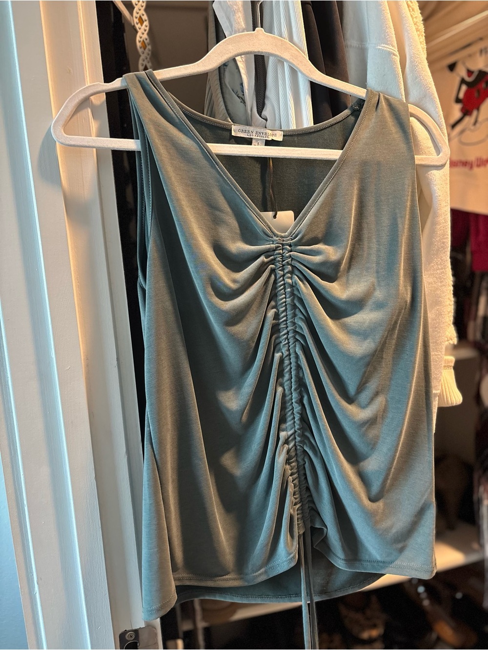 Green Envelope Gathered Front Tank Top in Teal Green